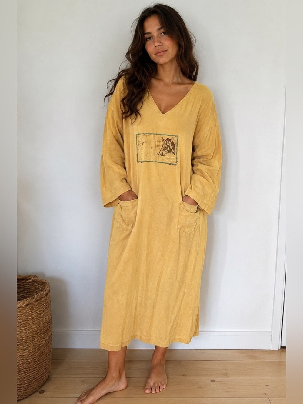 Liz & Jane Vintage Boho Hippie Relaxed V-Neck Pocket Dress in Mustard Size M/L